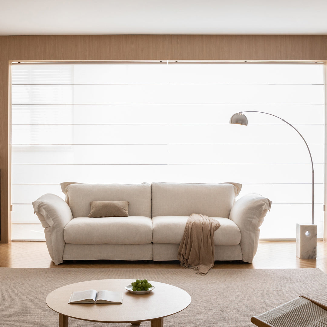 Minimalist cotton fabric 3 seater sofa blair in close up details.