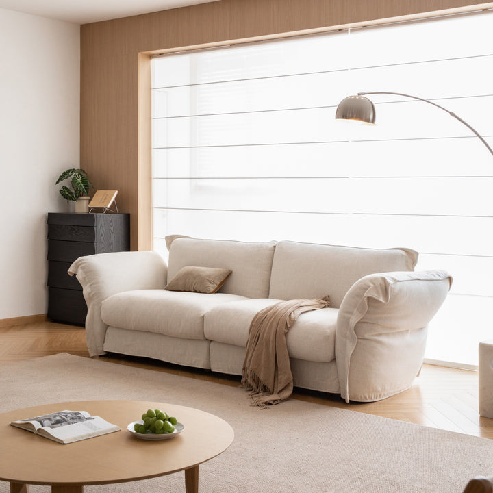 Minimalist cotton fabric 3 seater sofa blair in panoramic view.