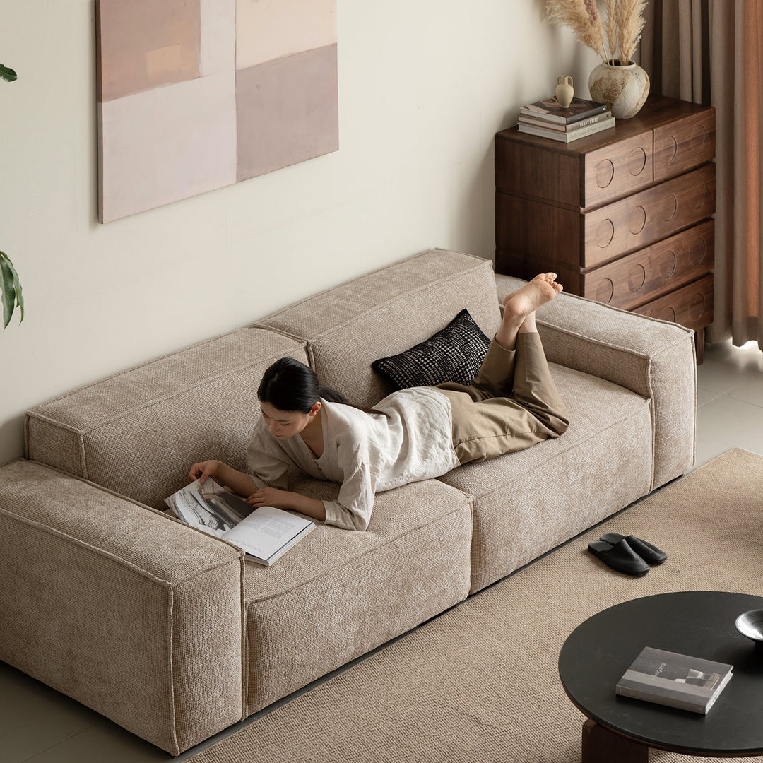 Minimalist linen fabric 3 seater sofa camaleonda in real life style.