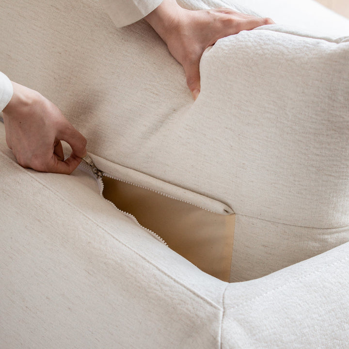 Minimalist cotton fabric 3 seater sofa como in panoramic view.