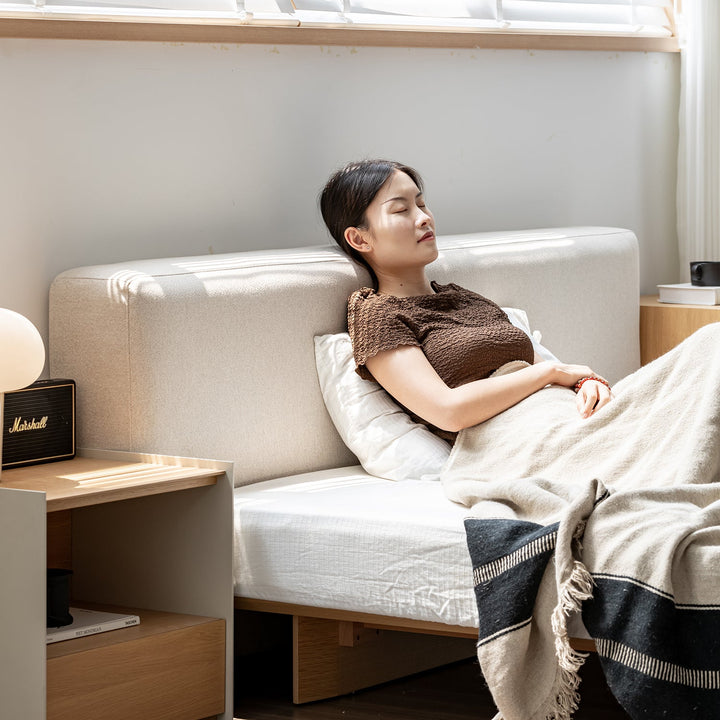 Minimalist cotton fabric ash wood veneer floating bed winter in real life style.