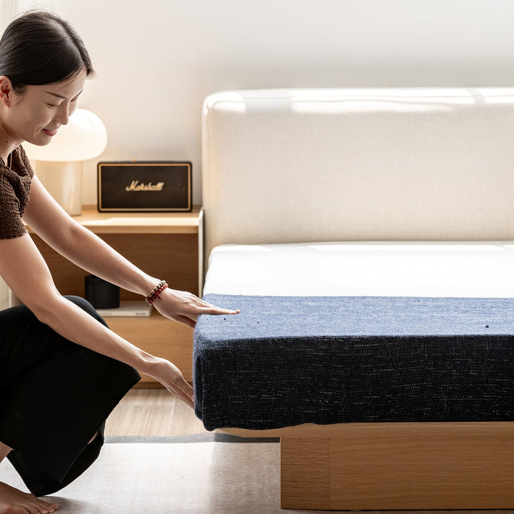 Minimalist cotton fabric ash wood veneer floating bed winter with context.