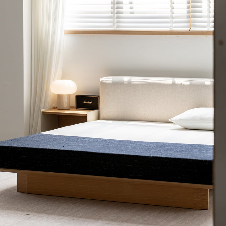 Minimalist cotton fabric ash wood veneer floating bed winter in close up details.