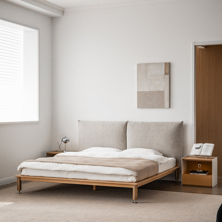 Minimalist cotton fabric oak wood bed evia primary product view.