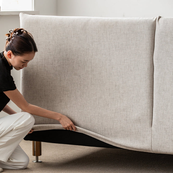 Minimalist cotton fabric oak wood bed evia in panoramic view.