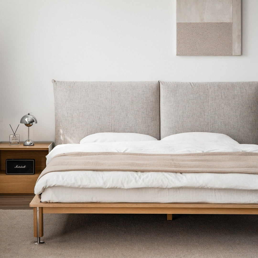 Minimalist cotton fabric oak wood bed evia material variants.