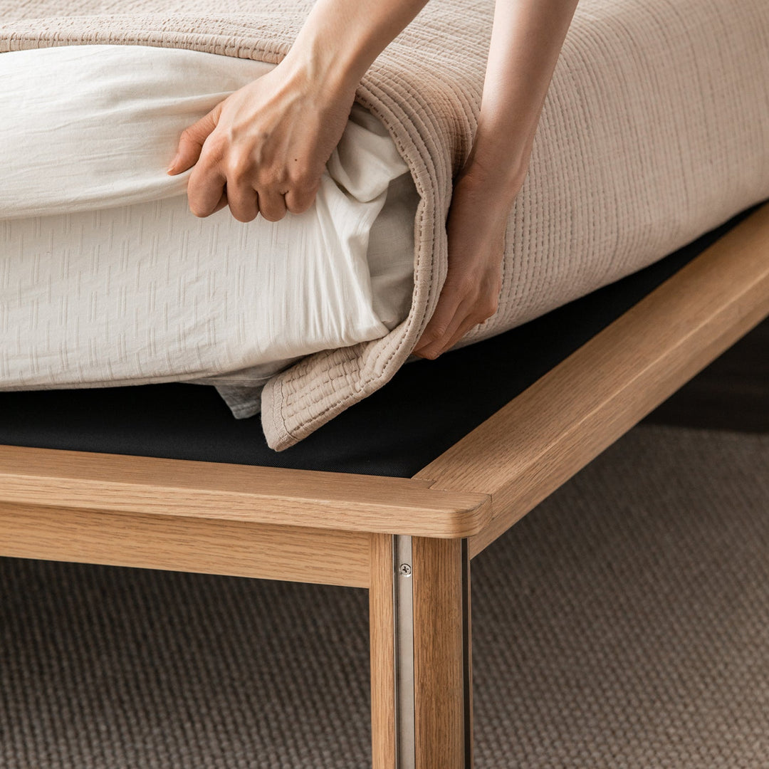 Minimalist cotton fabric oak wood bed evia in details.