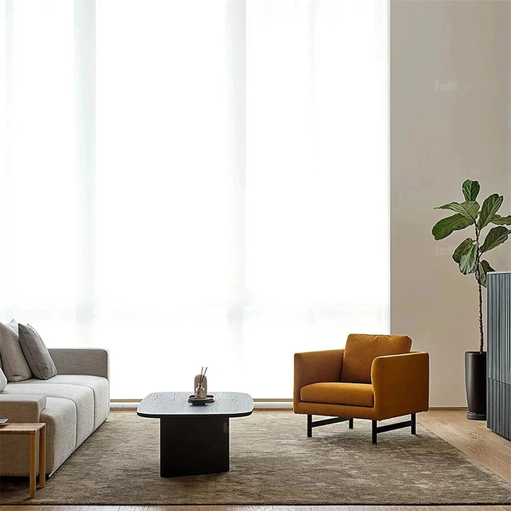 Minimalist fabric 1 seater sofa nor in close up details.
