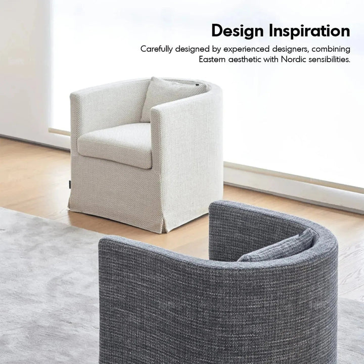Minimalist fabric 1 seater sofa yan in panoramic view.