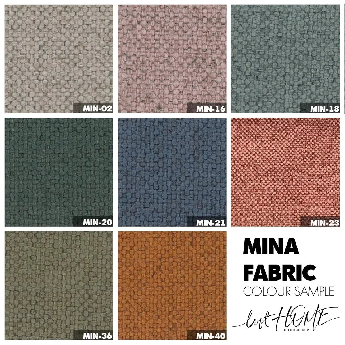 Minimalist fabric 2 seater sofa mello color swatches.