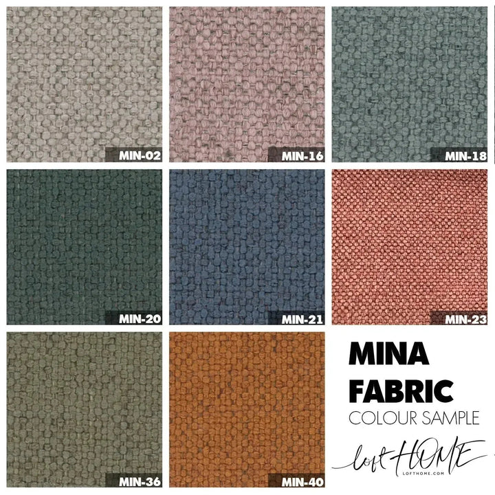 Minimalist fabric 3 seater sofa mello color swatches.