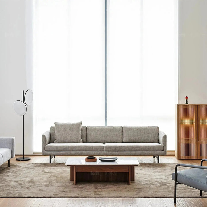 Minimalist fabric 3 seater sofa nor in close up details.