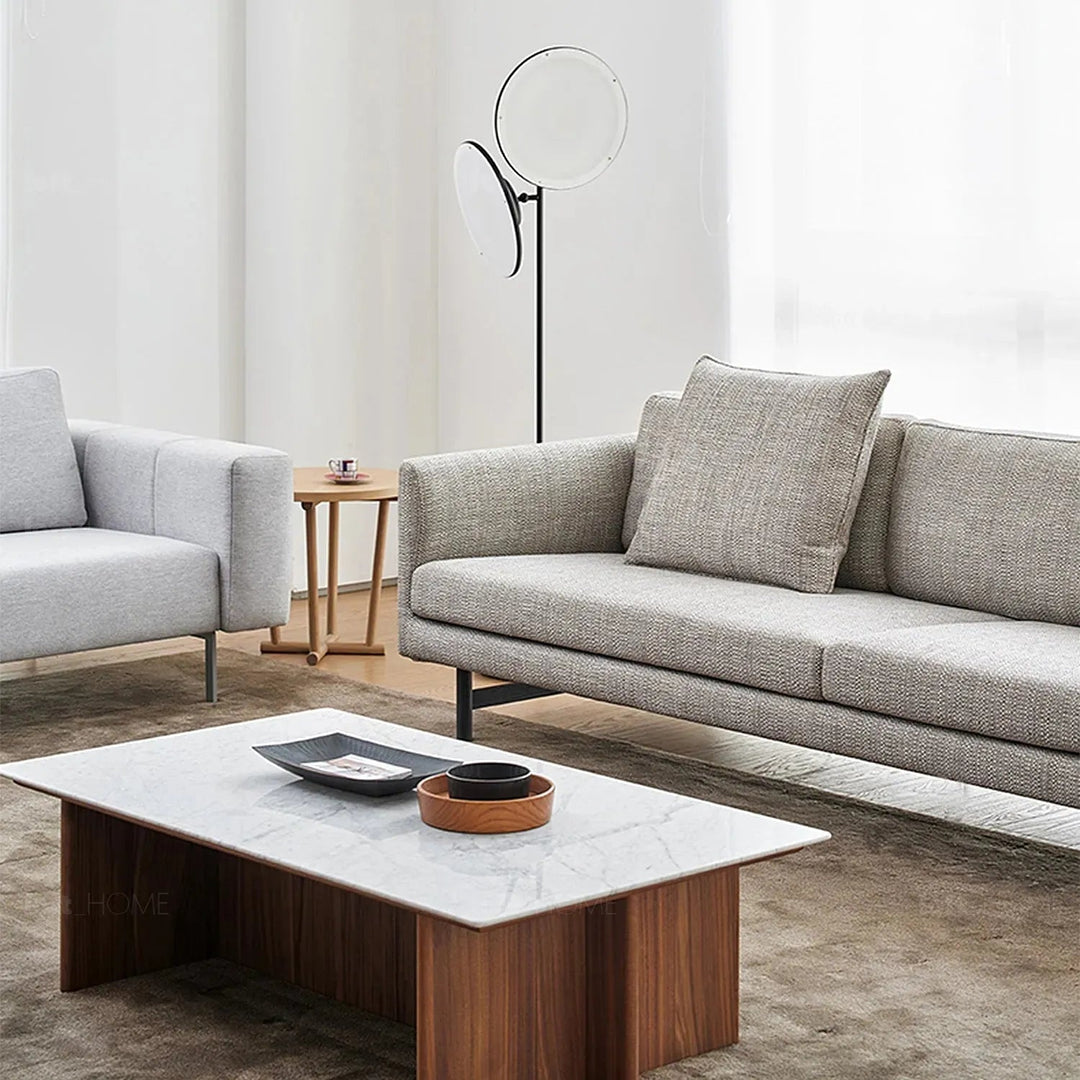 Minimalist fabric 3 seater sofa nor in panoramic view.