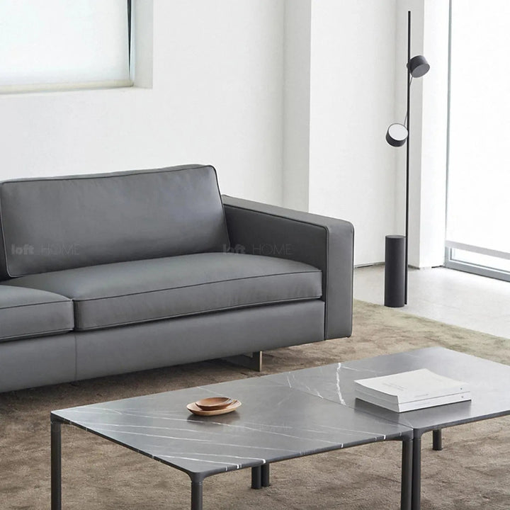 Minimalist fabric 3 seater sofa vemb in panoramic view.