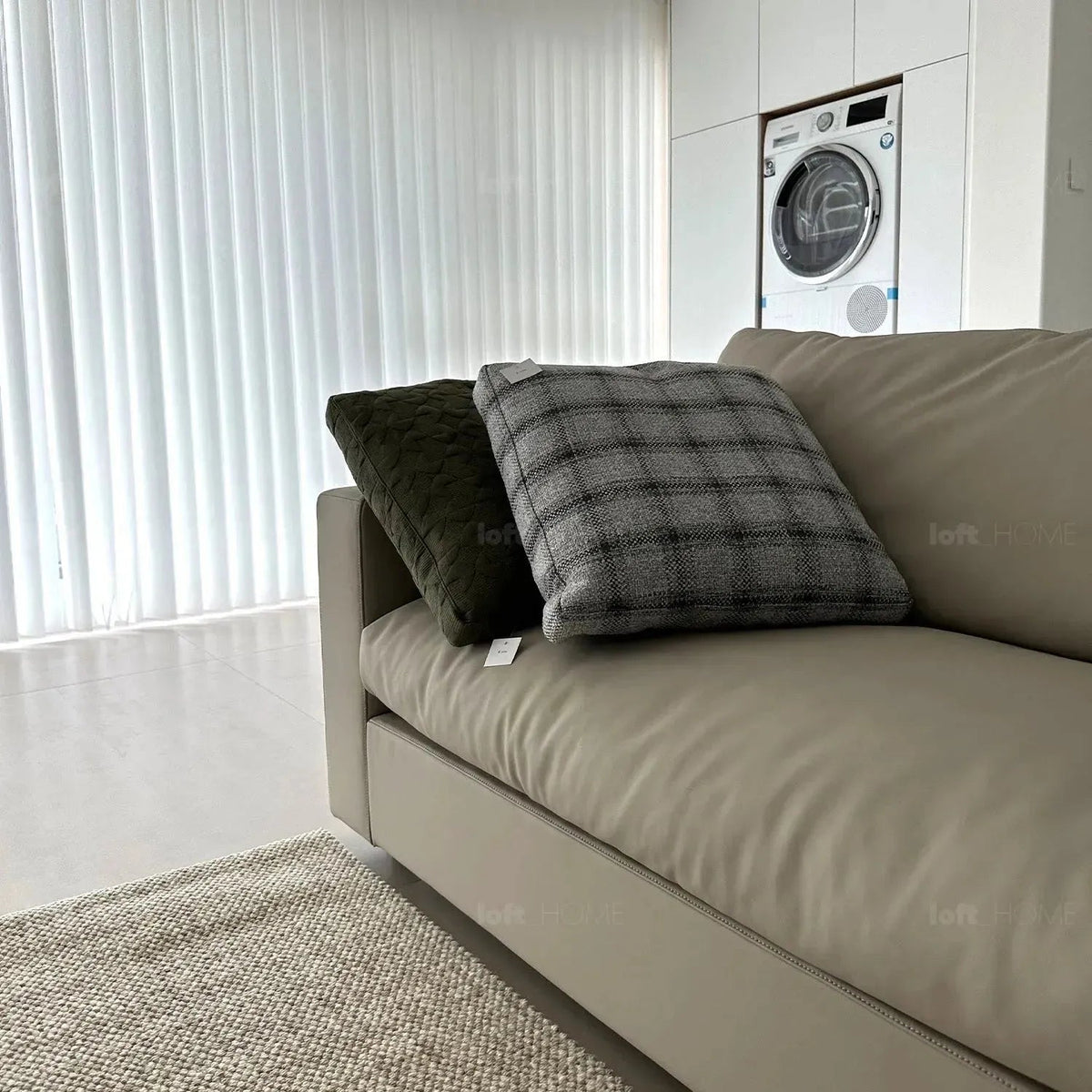 Minimalist fabric 4 seater sofa white environmental situation.