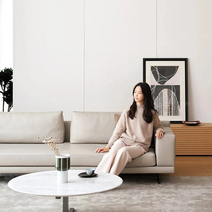 Minimalist fabric 4.5 seater sofa bologna in panoramic view.