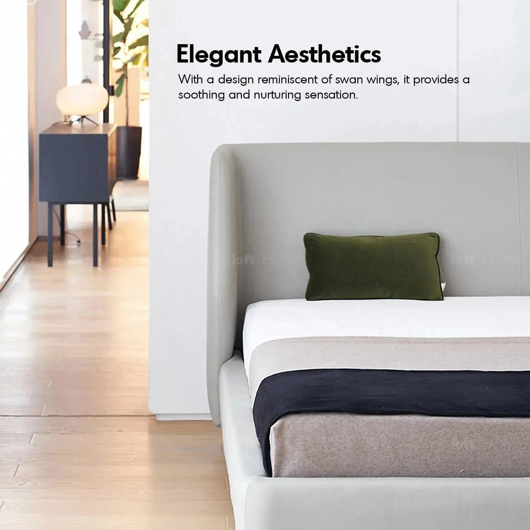 Minimalist fabric bed cygnus in real life style.