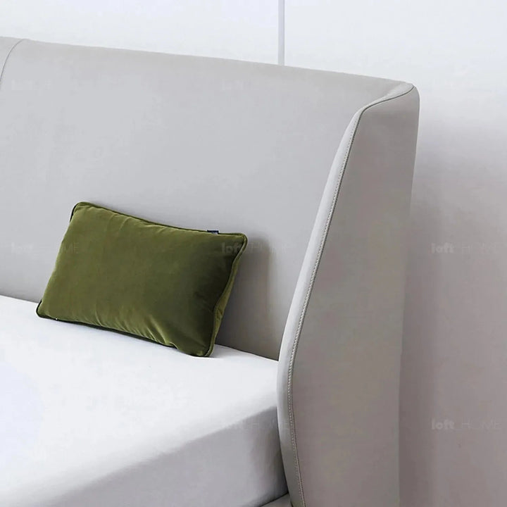 Minimalist fabric bed cygnus in panoramic view.