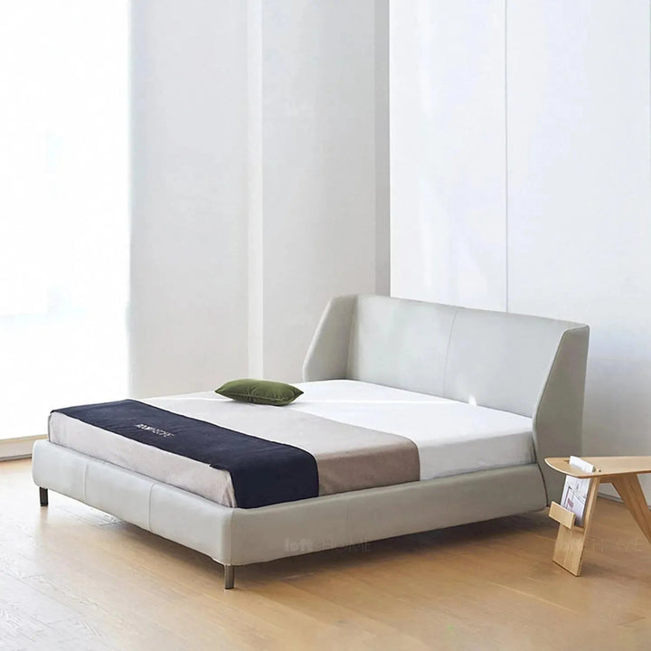 Minimalist fabric bed cygnus in close up details.