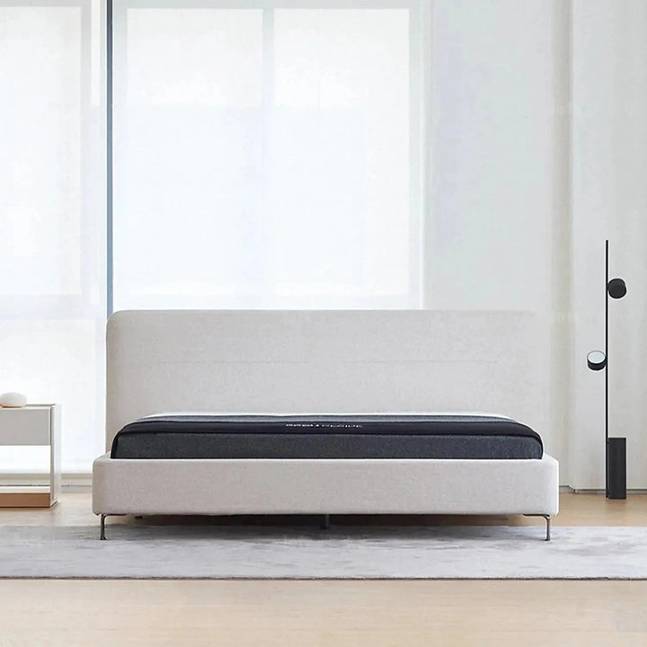 Minimalist fabric bed hel in details.