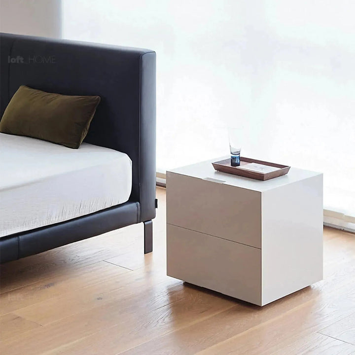 Minimalist fabric bed vem layered structure.