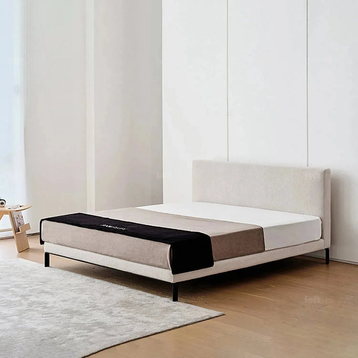 Minimalist fabric bed vem in panoramic view.