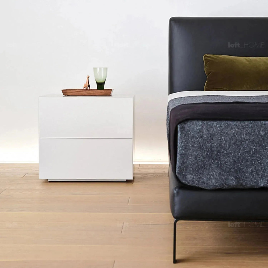 Minimalist fabric bed vem situational feels.