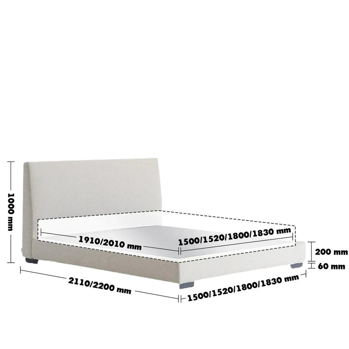 Minimalist fabric bed woods size charts.