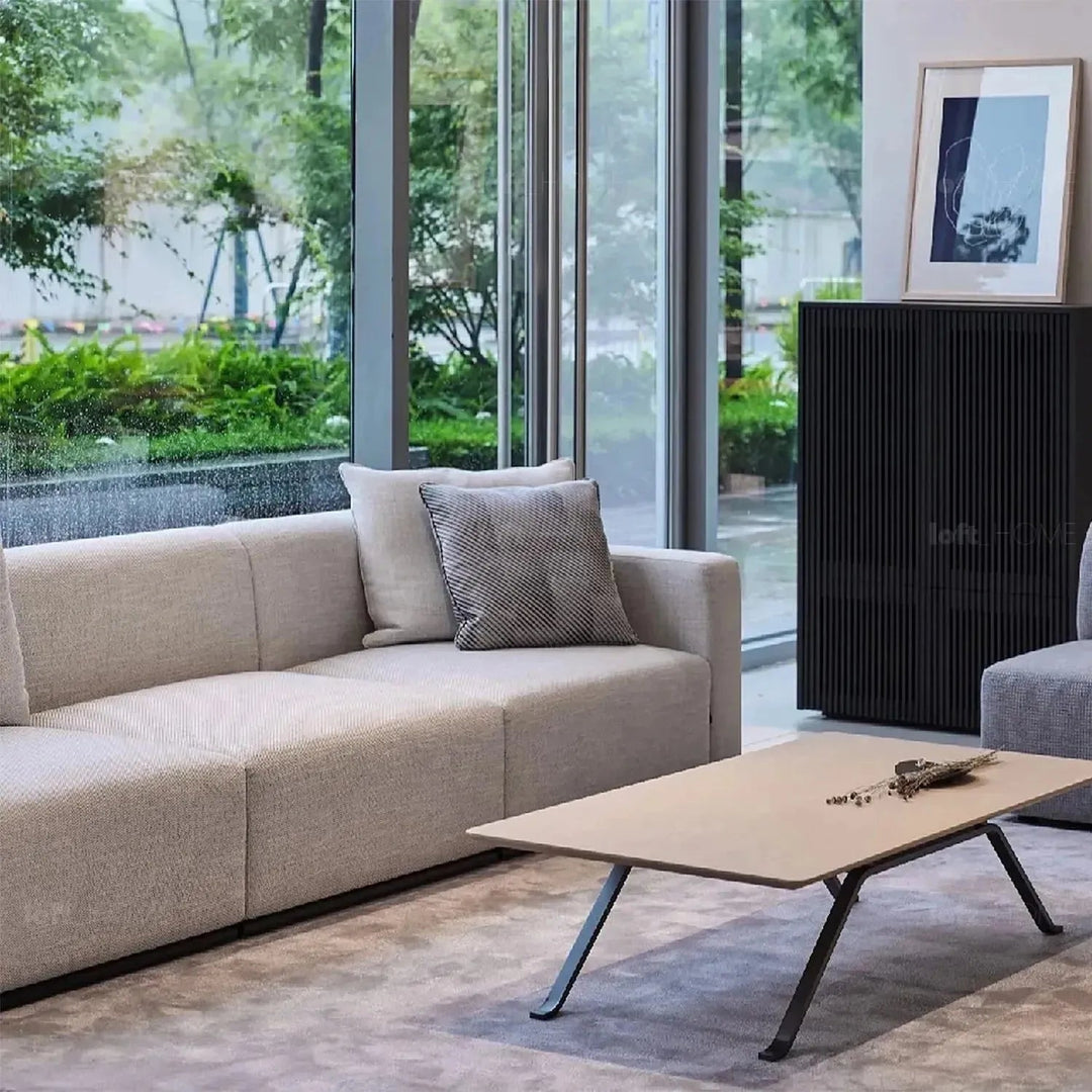 Minimalist fabric l shape sectional sofa nemo 3+l in close up details.