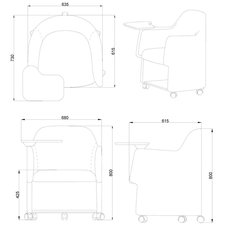 Modern fabric training office chair with writing board cactus size charts.