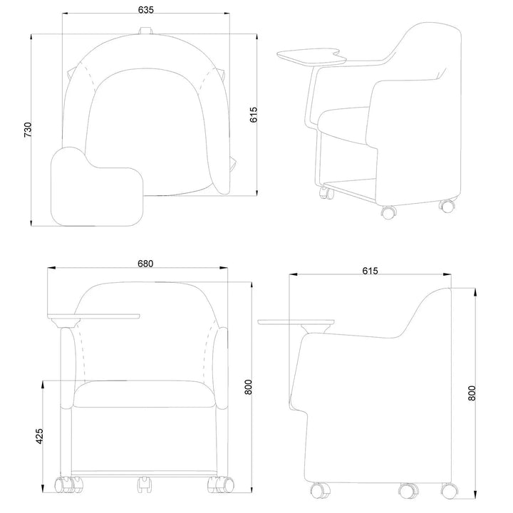 Modern fabric training office chair with writing board cactus size charts.
