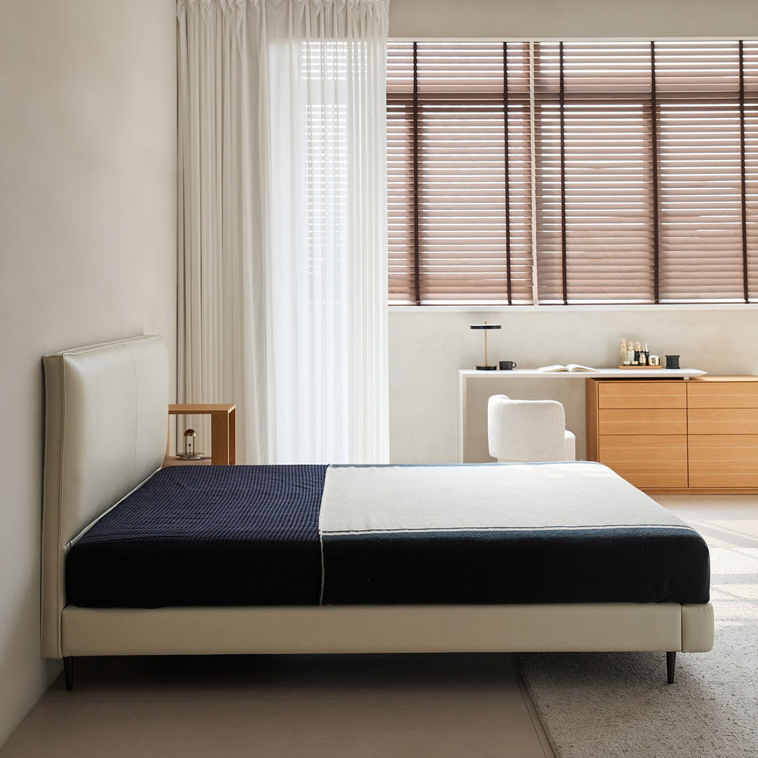 Minimalist genuine leather bed lalo in panoramic view.