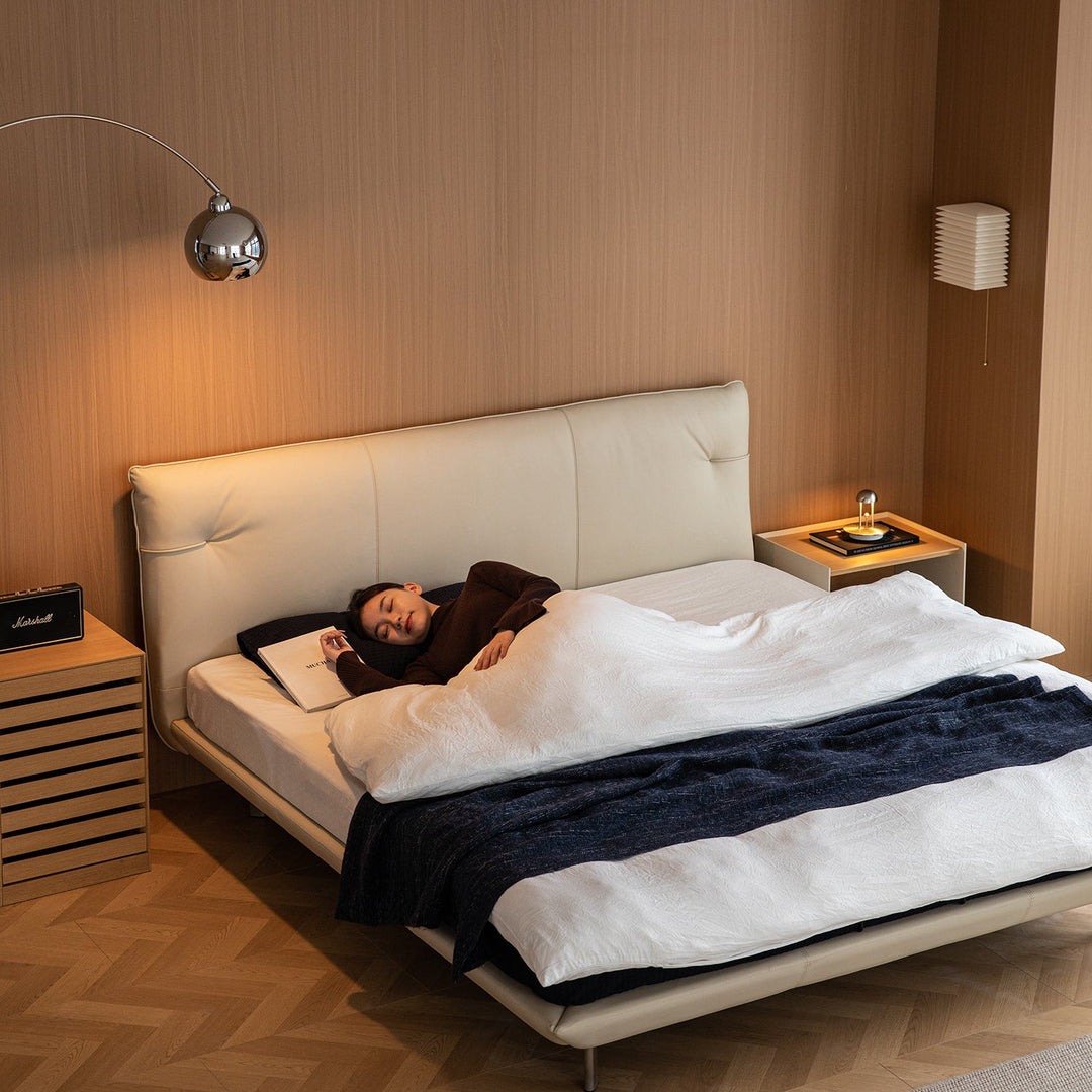 Minimalist genuine leather bed rhine in real life style.