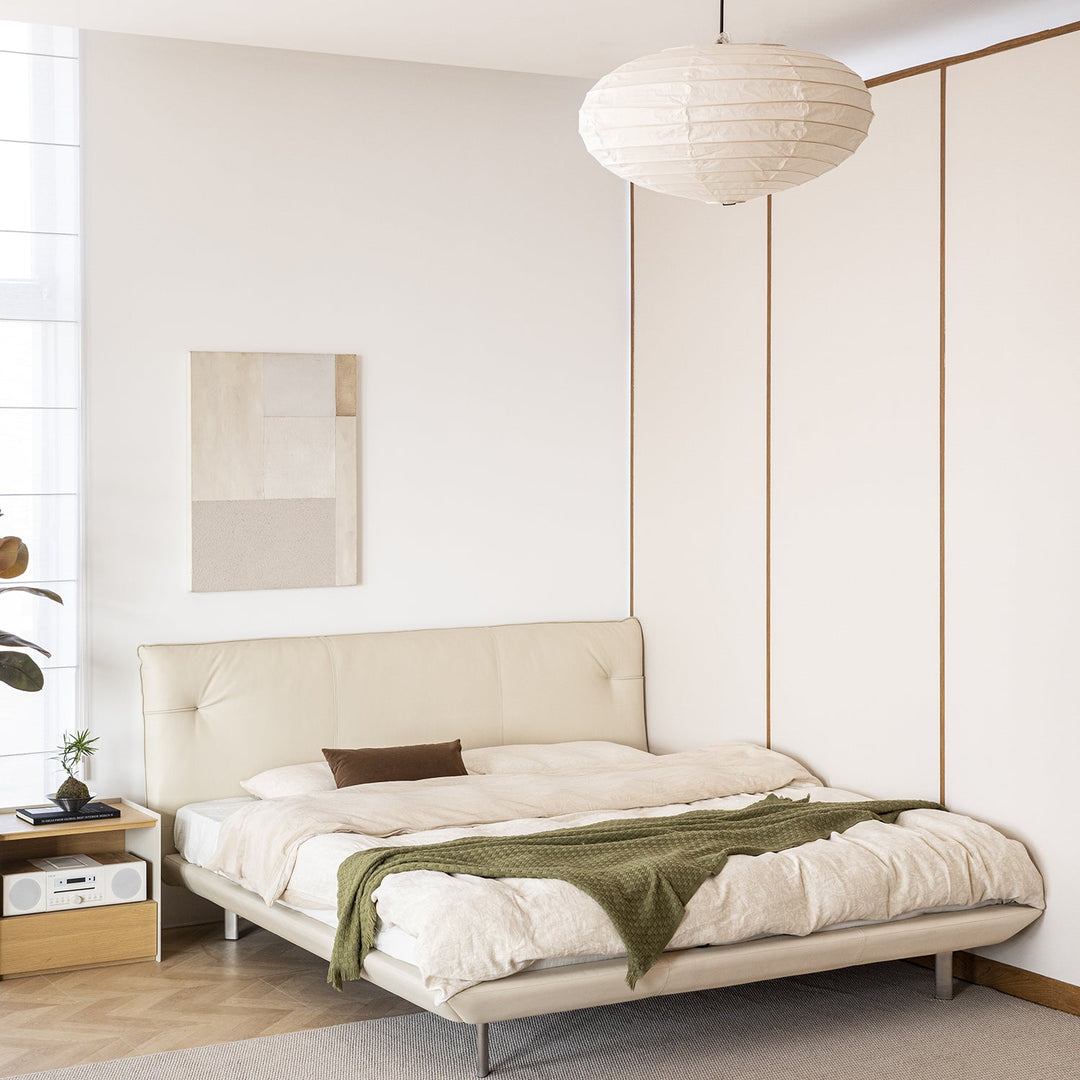 Minimalist genuine leather bed rhine in details.