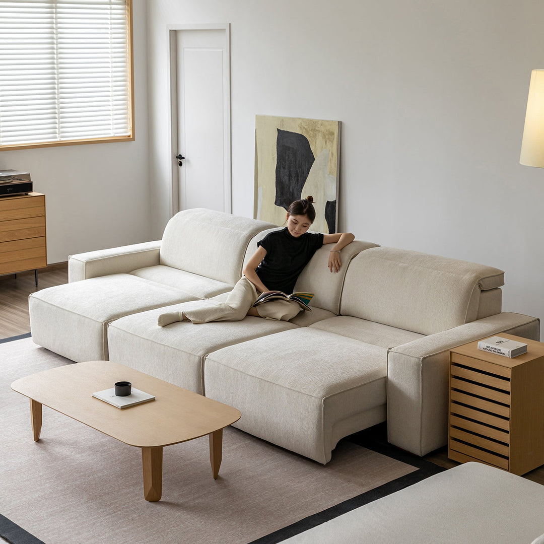 Minimalist genuine leather electric recliner 4 seater sofa bed string with context.