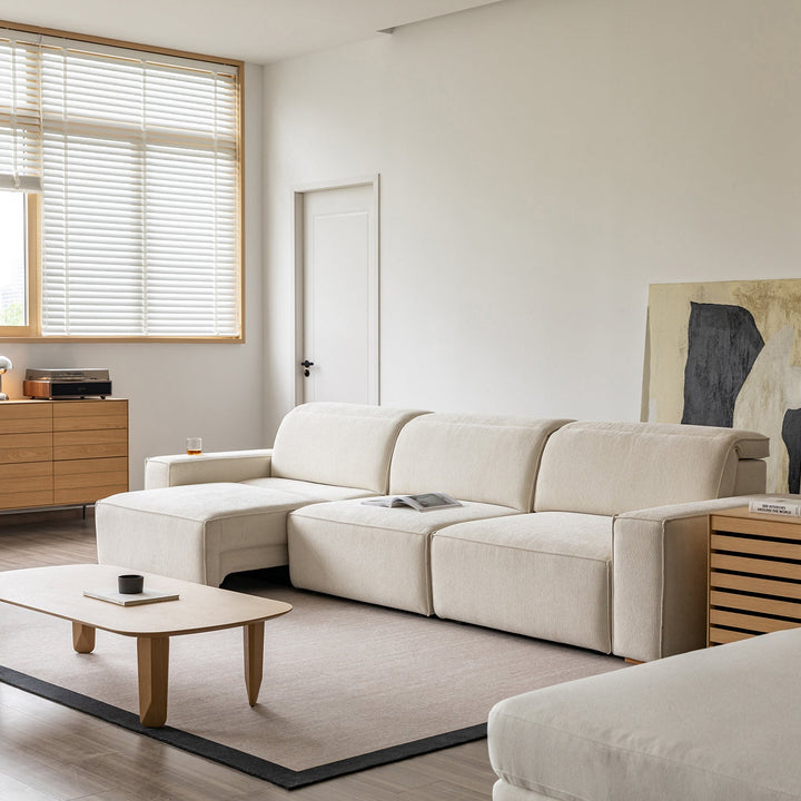 Minimalist genuine leather electric recliner 4 seater sofa bed string in close up details.