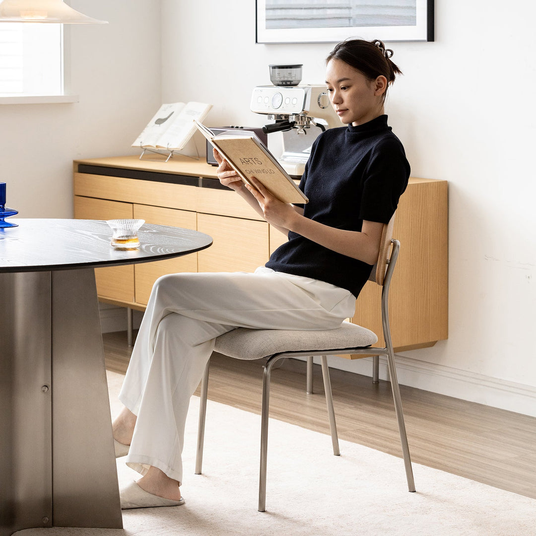 Minimalist ash wood veneer cotton fabric dining chair aeri with context.