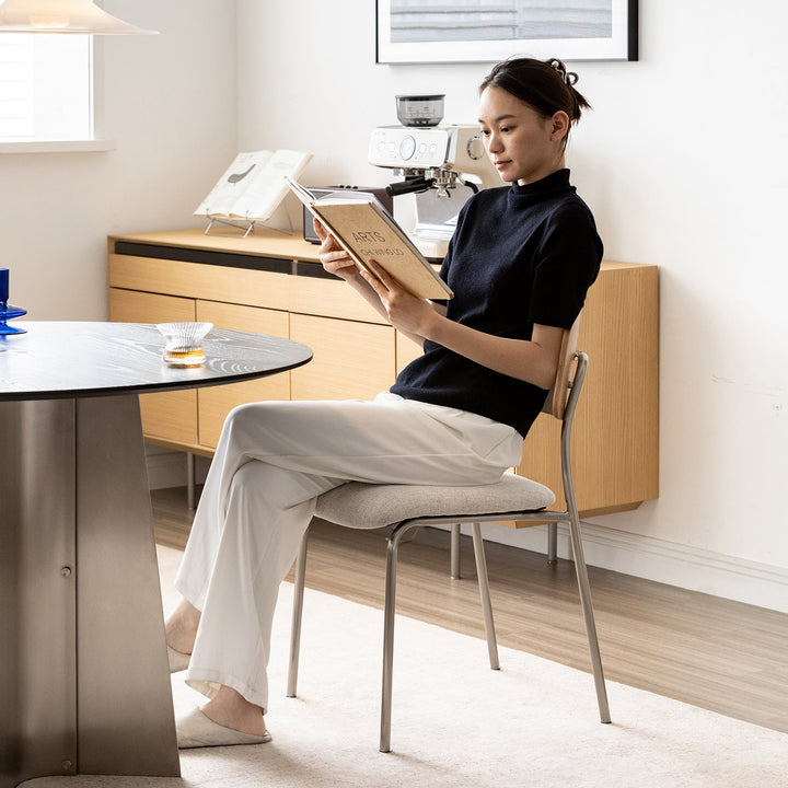 Minimalist ash wood veneer cotton fabric dining chair aeri with context.