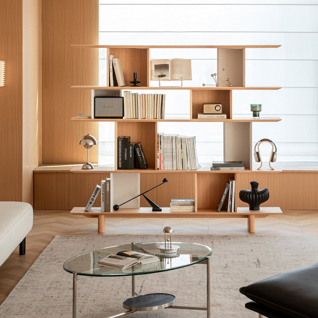 Minimalist oak wood veneer shelf berg in panoramic view.