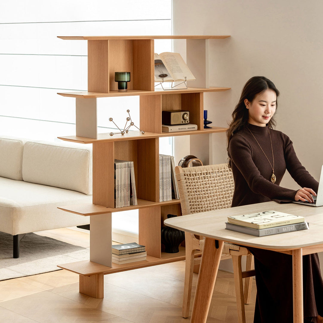 Minimalist oak wood veneer shelf berg size charts.