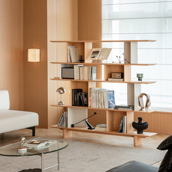 Minimalist oak wood veneer shelf berg material variants.