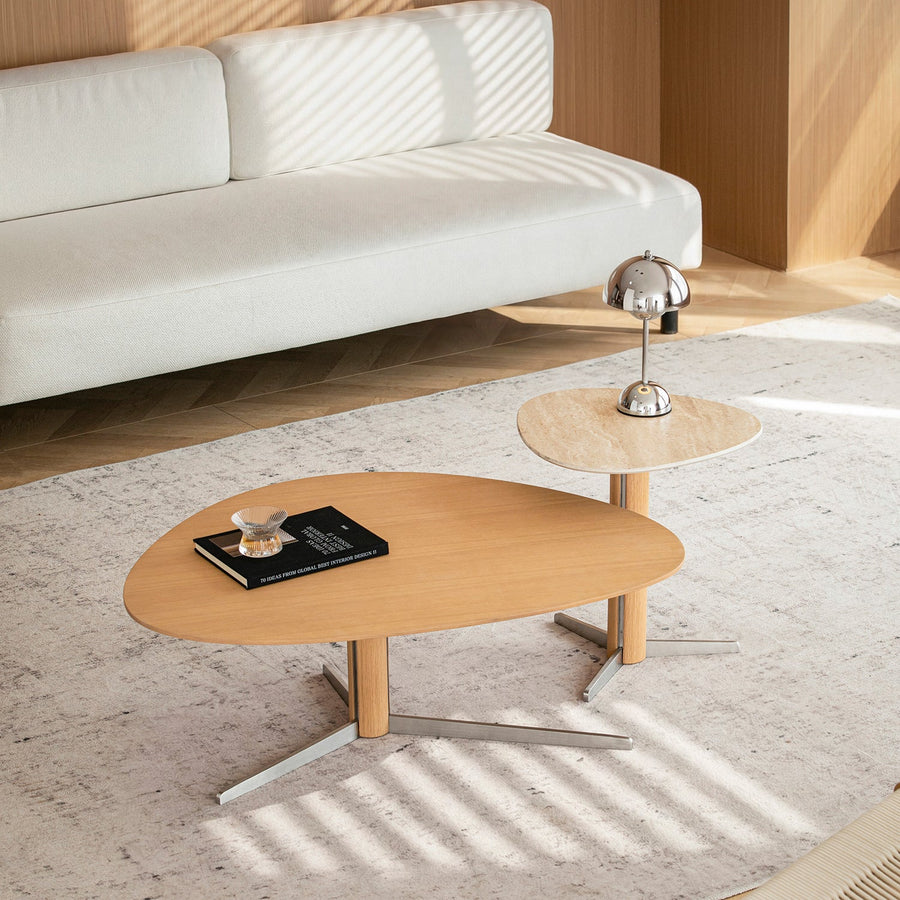 Minimalist oak wood veneer sintered stone coffee table set sol primary product view.