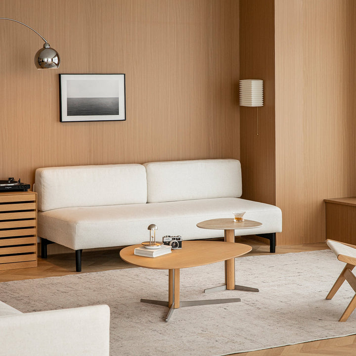 Minimalist oak wood veneer sintered stone coffee table set sol in panoramic view.