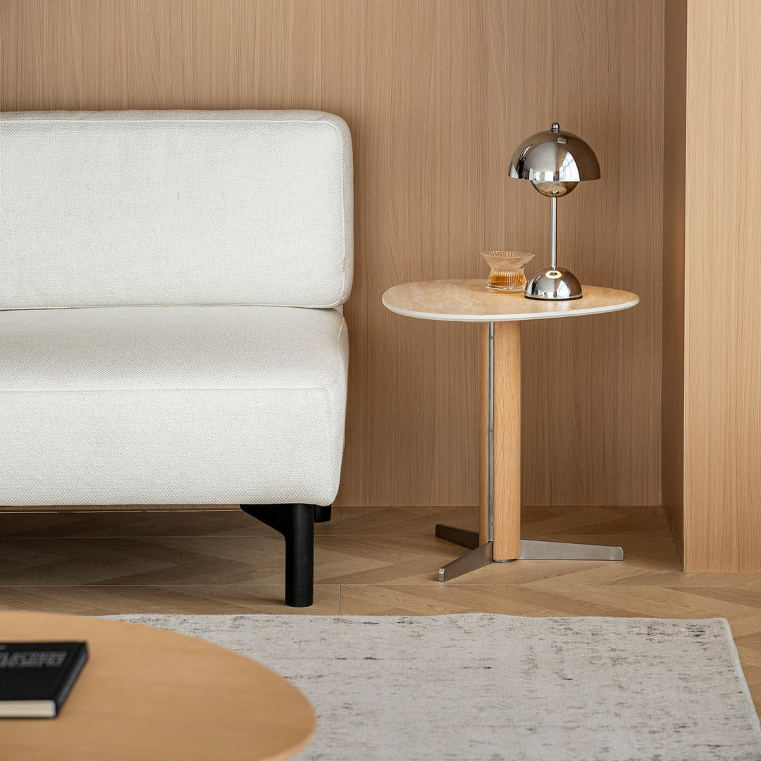 Minimalist oak wood veneer sintered stone coffee table set sol color swatches.
