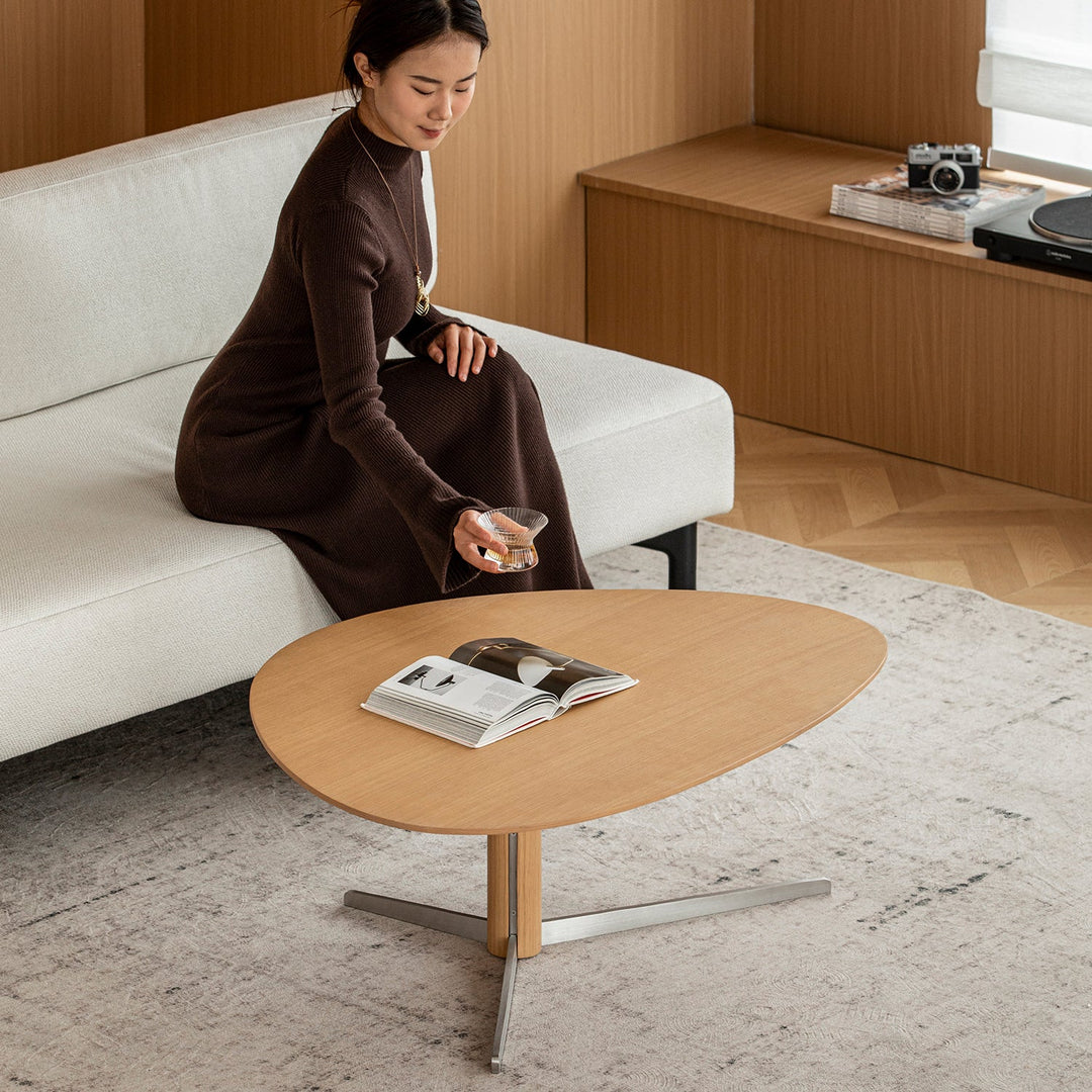 Minimalist oak wood veneer sintered stone coffee table set sol material variants.