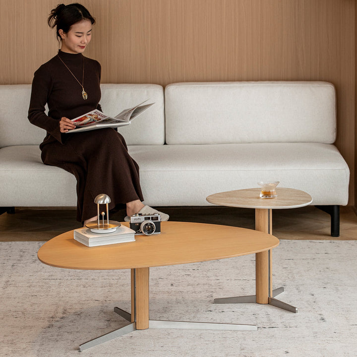 Minimalist oak wood veneer sintered stone coffee table set sol in real life style.