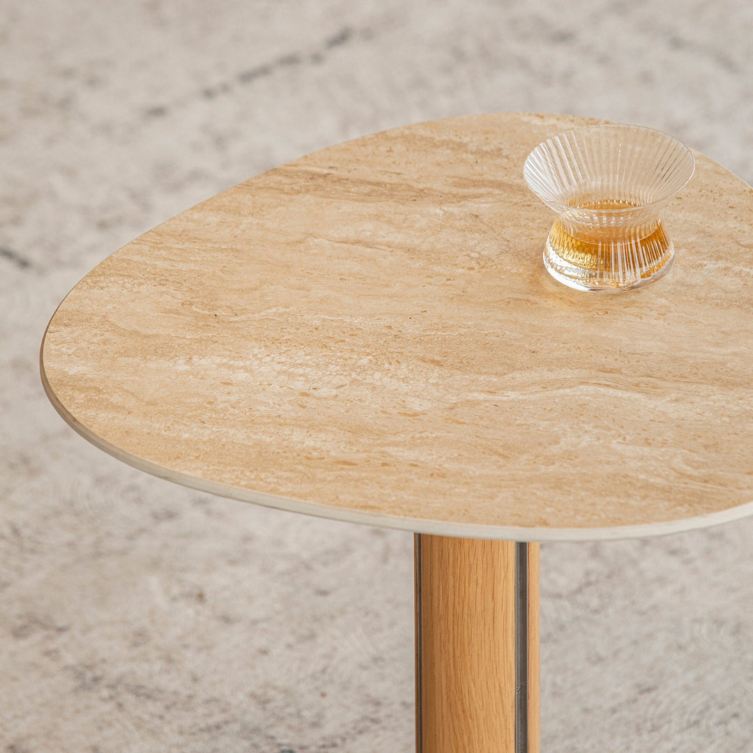 Minimalist oak wood veneer sintered stone coffee table set sol in details.
