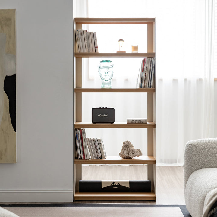 Minimalist stainless steel bookshelf aesop in close up details.