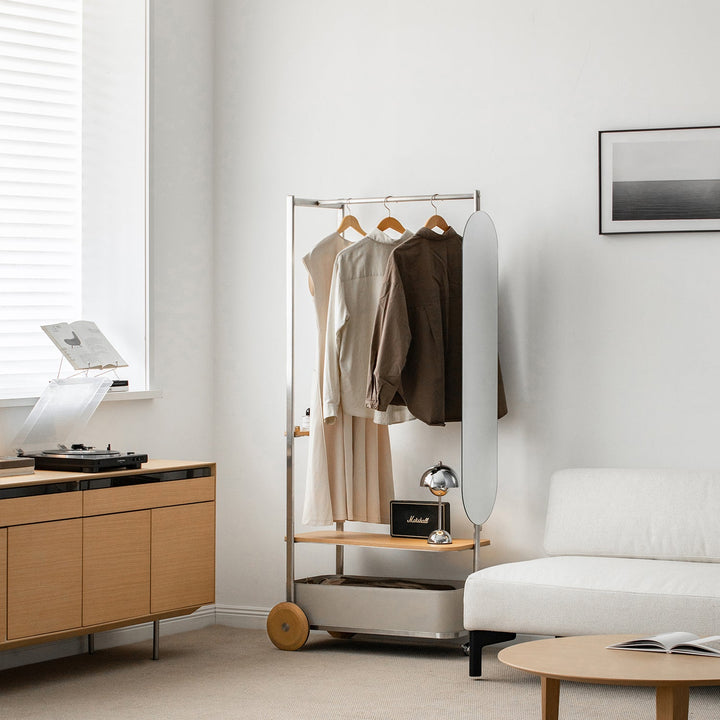 Minimalist stainless steel clothes hanger hera in details.