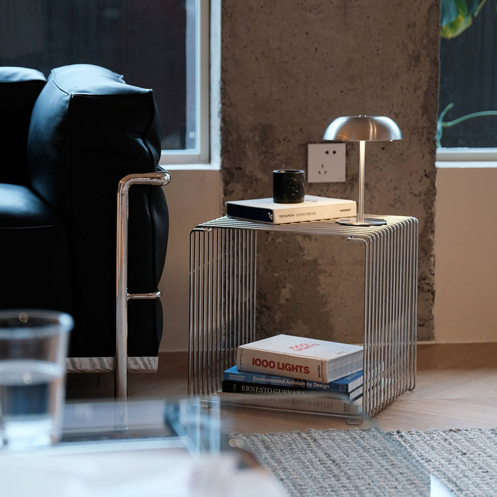 Minimalist steel side table panton wire material variants.